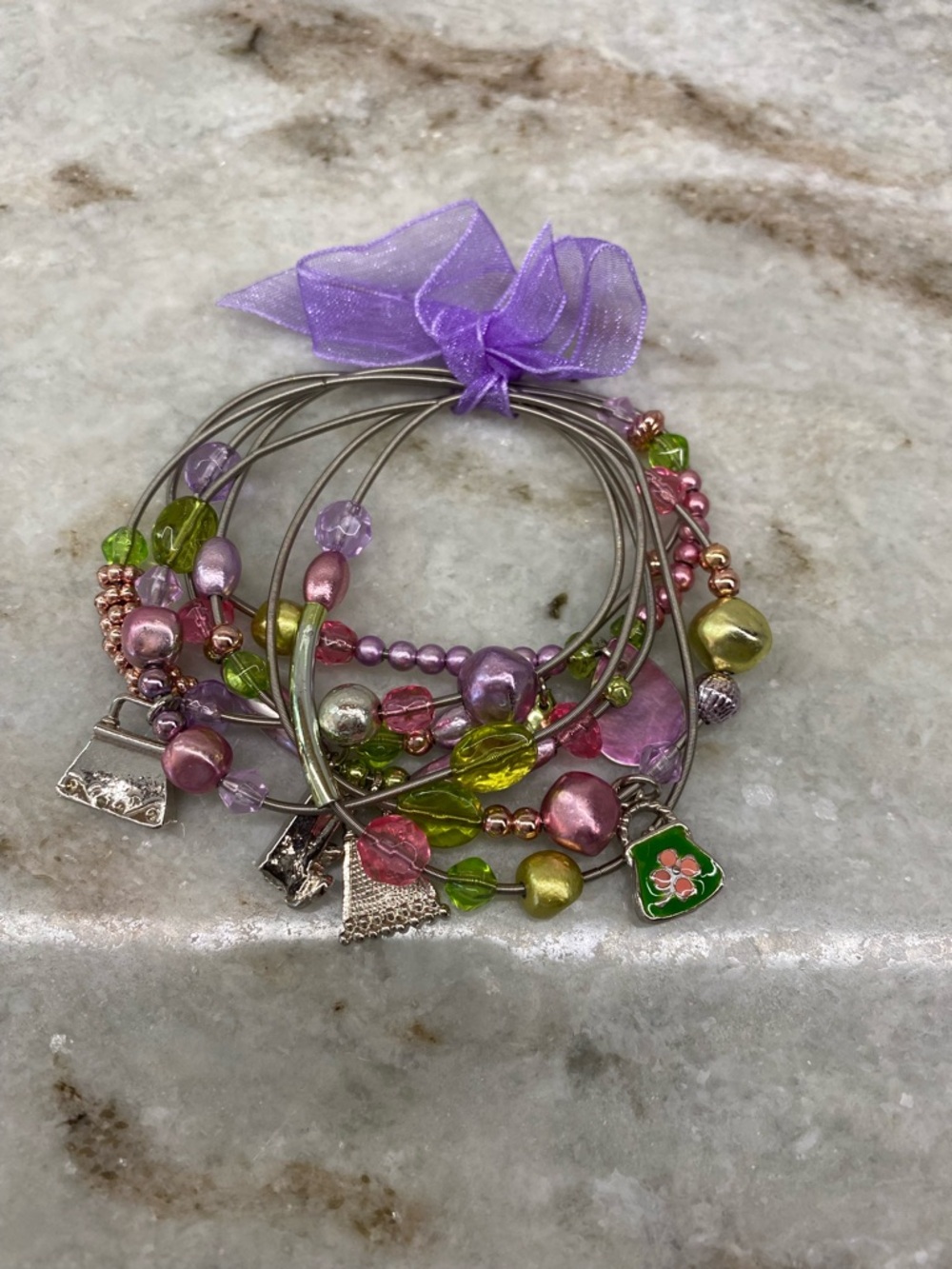 Y2K Silver Tone Stretch Charm Bracelet 7 Pieces Handbags Purple Pink Green